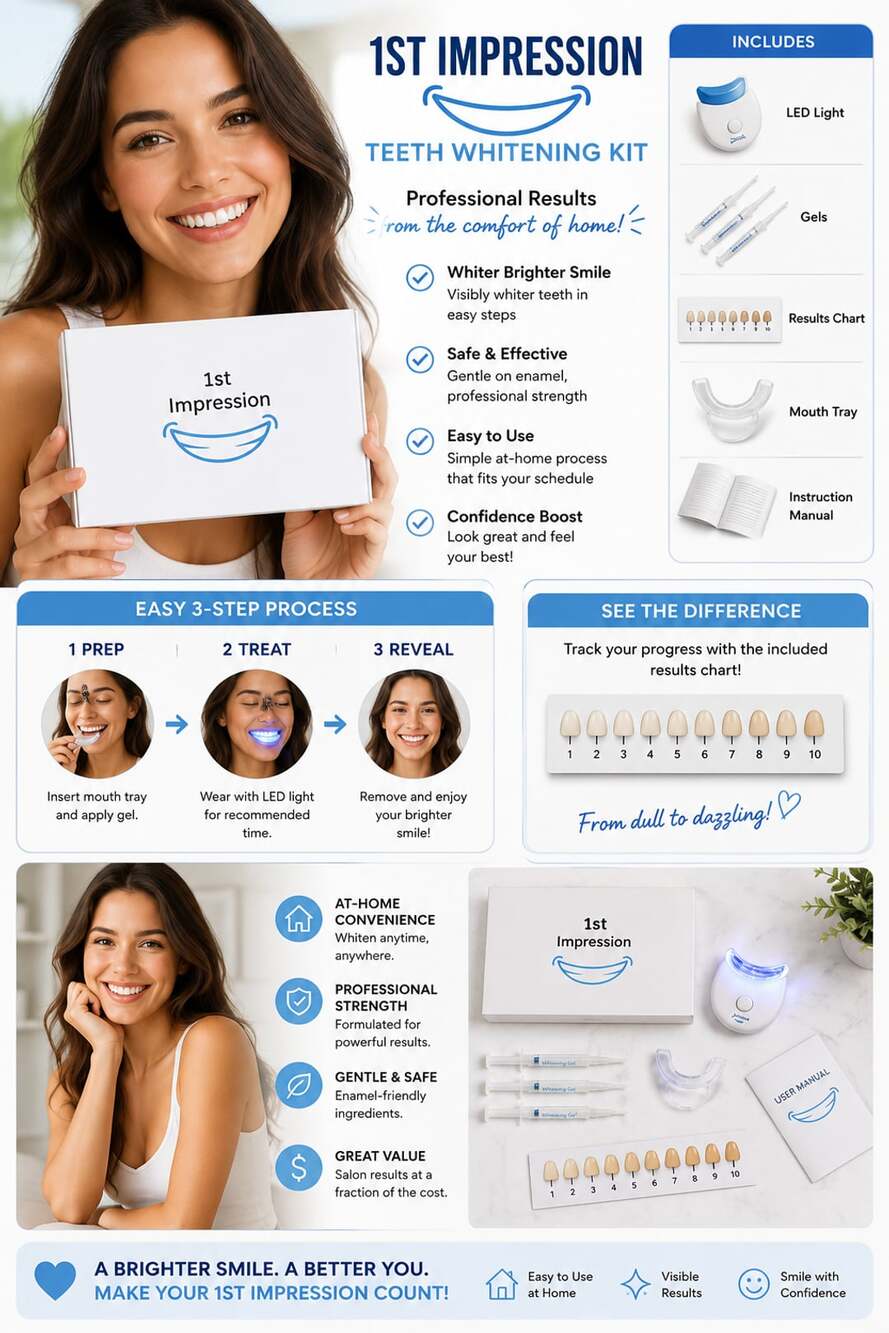 1st Impression Teeth Whitening Kit LED Light Gel Mouth Tray At Home Model 001WN